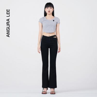 春夏新款經(jīng)典水洗黑色女裝高腰鏤空開(kāi)叉喇叭褲