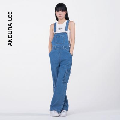 春夏經(jīng)典水洗中藍(lán)女裝牛仔高腰背帶直筒闊腿